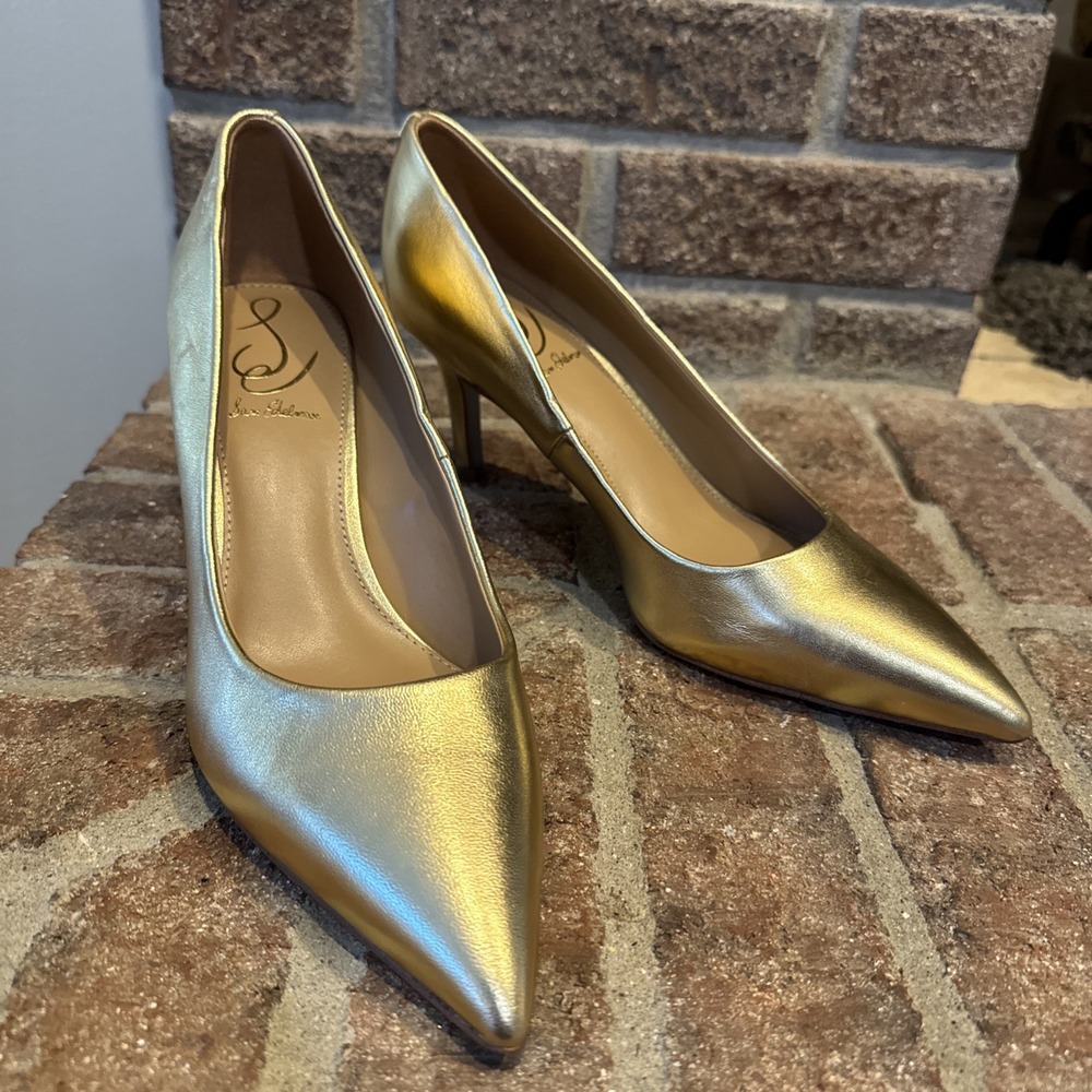 Sam Edelman Vienna Leather Pointed Toe Stiletto Pumps Gold Women 7.5M #516